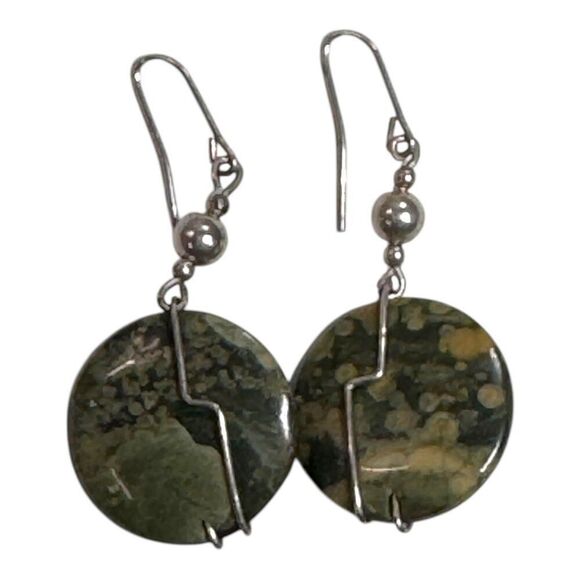 Natural Green Jasper Dangle Earrings Sterling Silver Wire Wrap & Hooks Vintage - Picture 3 of 5
